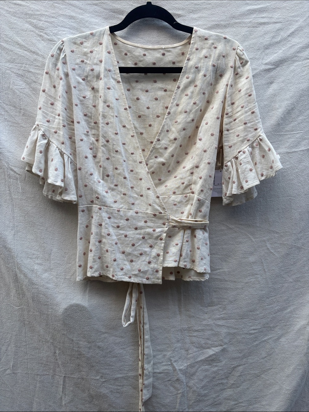 Women's Cream Wrap Top with Pink Dot Print